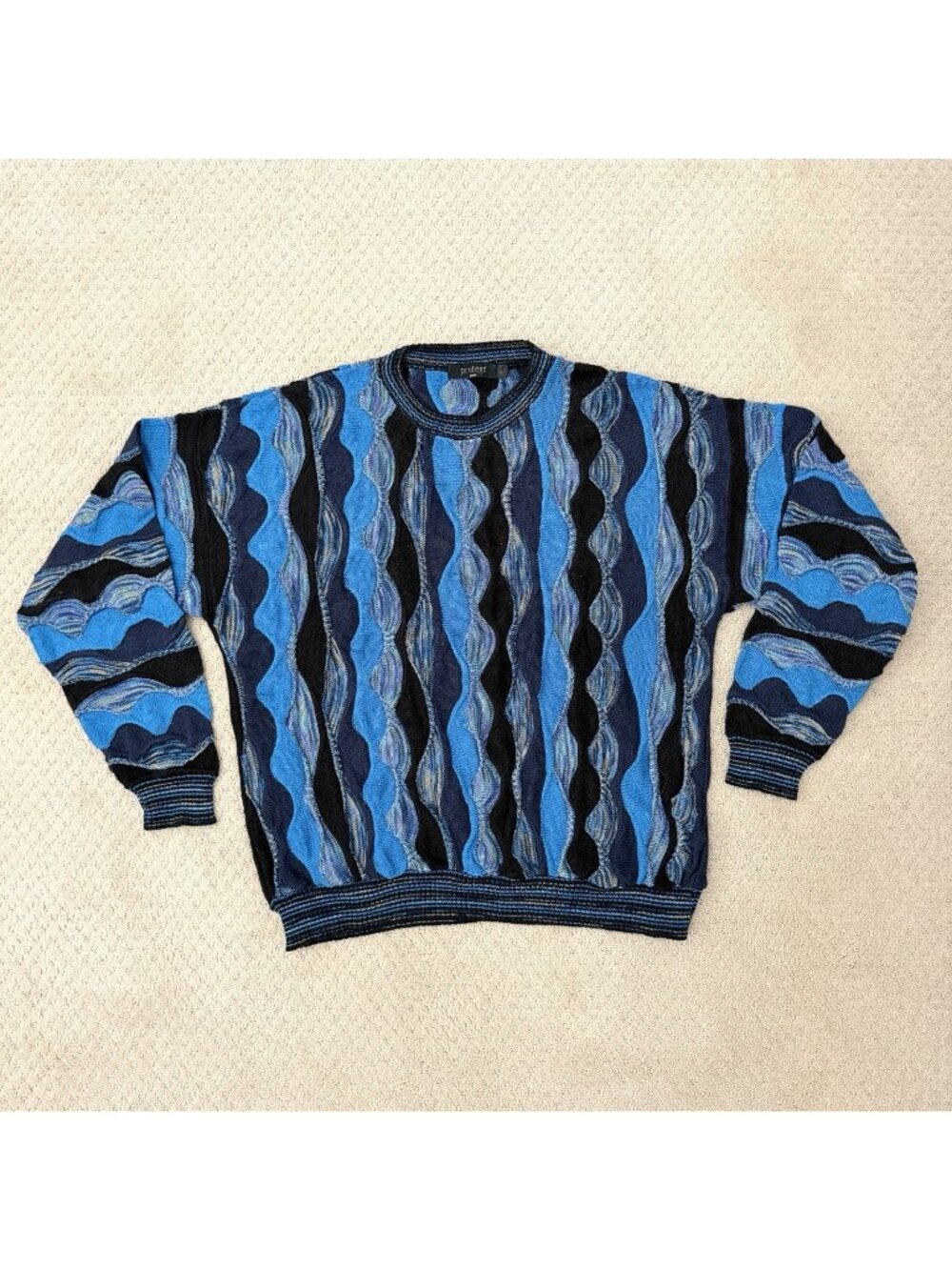 Protege Vintage Blue Knit Textured Sweater Coogi Style 90s Hip Hop Men’s Large
